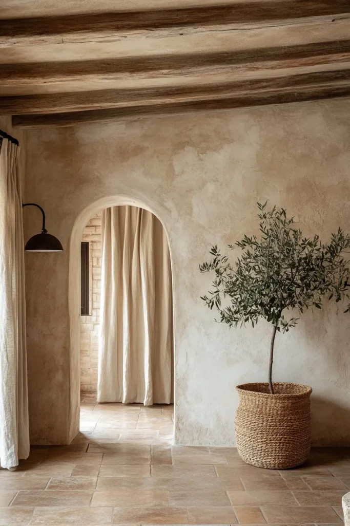 Contemporary Mediterranean home design with stucco walls, wooden beams, and potted olive tree