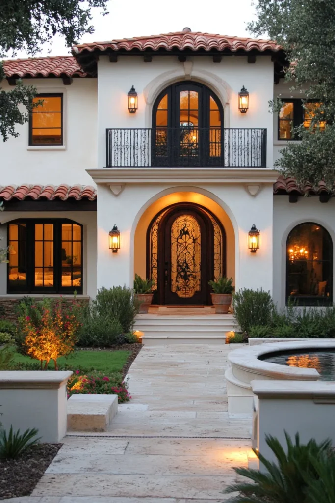 Elegant Spanish Mediterranean exterior with arched doorway, wrought iron details, terracotta roof, and drought-resistant plants