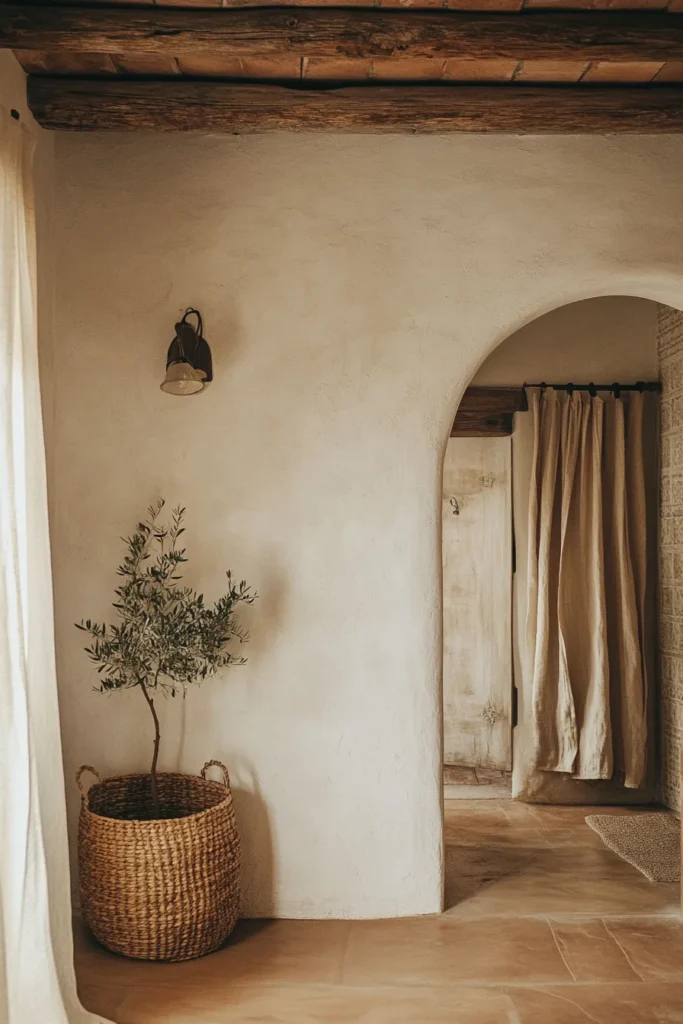 Sunlit Spanish-inspired interior featuring organic textures, warm tones, and intricate tile backsplash