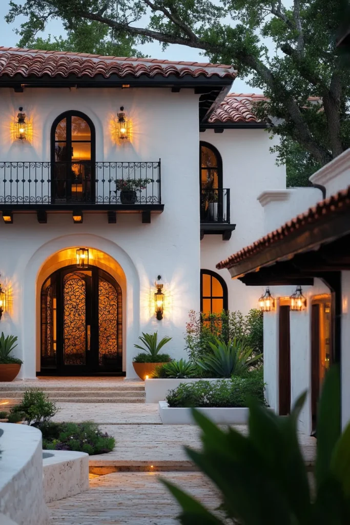 Modern Spanish Mediterranean home exterior with white stucco, terracotta roof, arched doorway, wrought iron balcony, and drought-resistant landscaping