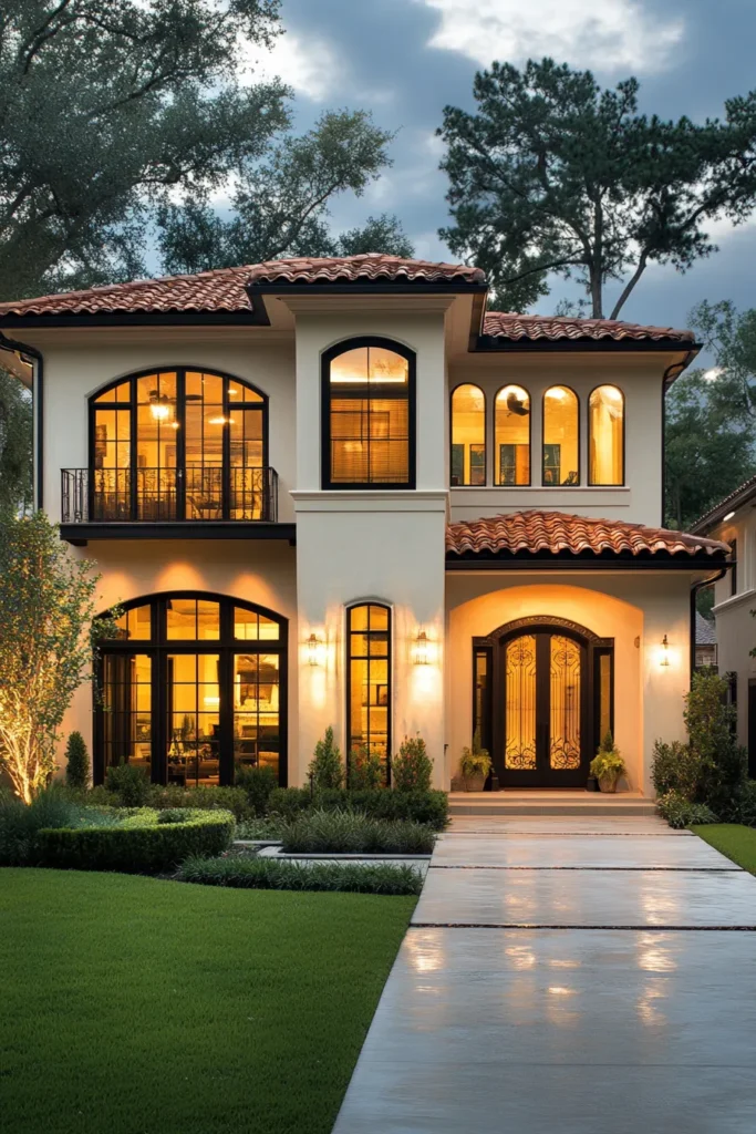 Sleek Mediterranean home design featuring clean lines, glass elements, and warm exterior lighting