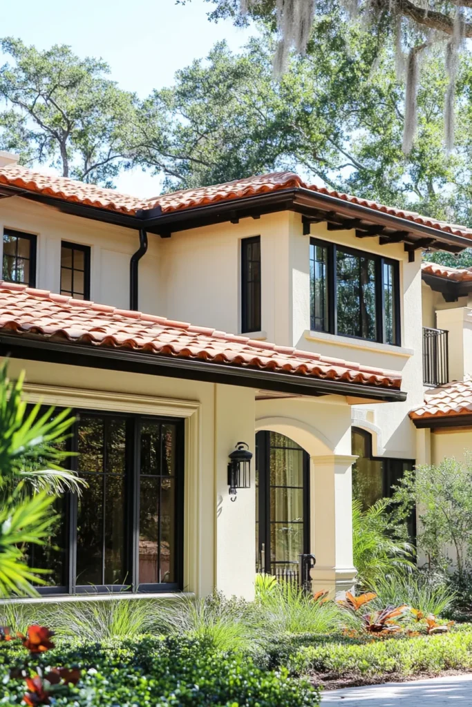 Minimalist Spanish-inspired exterior with geometric stucco facade, wrought iron details, and lush landscaping