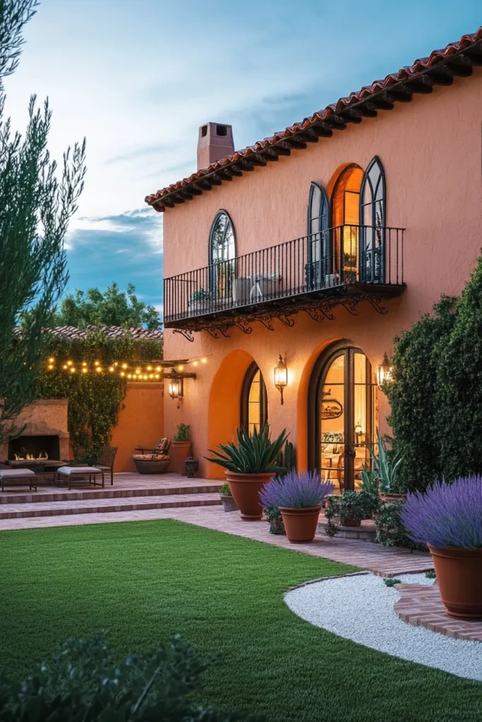 Luxurious Spanish Mediterranean home with terracotta patio, cypress trees, and ambient lighting