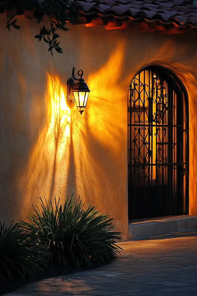 Dusk view of Spanish-style house with ambient outdoor lighting highlighting architectural features and landscaping