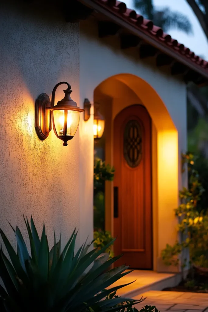 Modern Spanish Mediterranean home exterior at twilight with warm lighting illuminating stucco walls and arched doorway