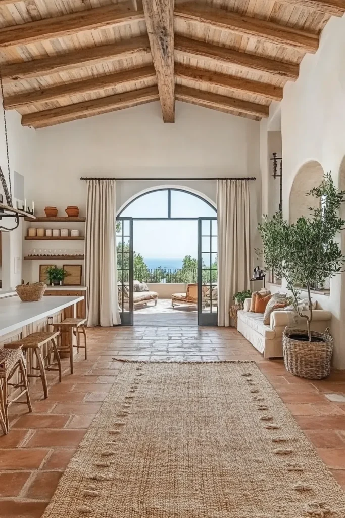 Modern Spanish Mediterranean living area with open concept design, coastal view, and rustic elements
