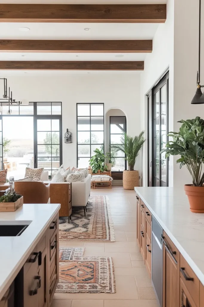 Seamless flow between kitchen, dining, and living areas in Spanish-inspired open floor plan design