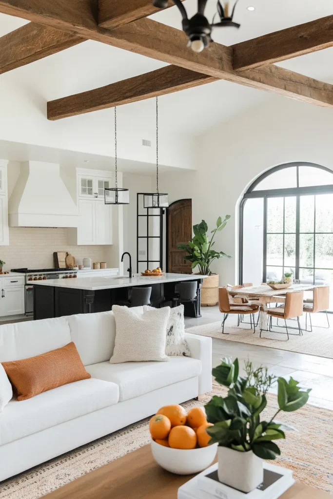 Elegant open concept Mediterranean home interior with adaptable furniture and warm earth tones for family living