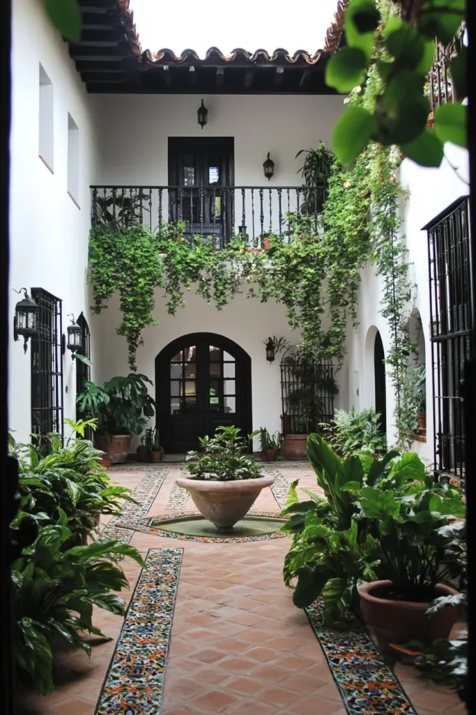 Contemporary Mediterranean home design featuring courtyard, atrium, climbing vines, wrought iron balcony, and earthy color palette