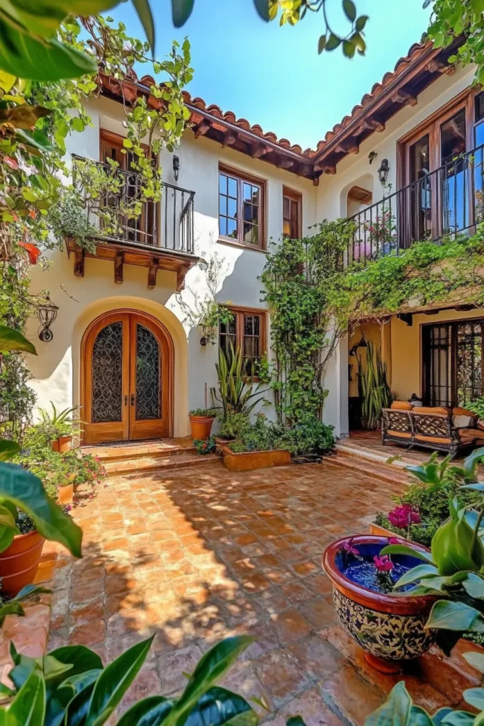 Architectural photography of modern Spanish Mediterranean house with open concept living area, courtyard fountain, and natural light