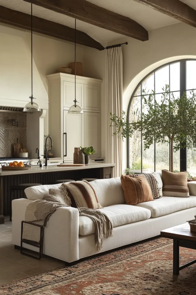 Versatile Mediterranean-inspired home interior with sliding partitions and convertible furniture for family gatherings