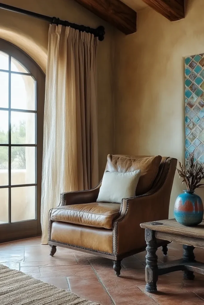 Warm Mediterranean interior featuring earthy tones, textured walls, and vibrant tile backsplash