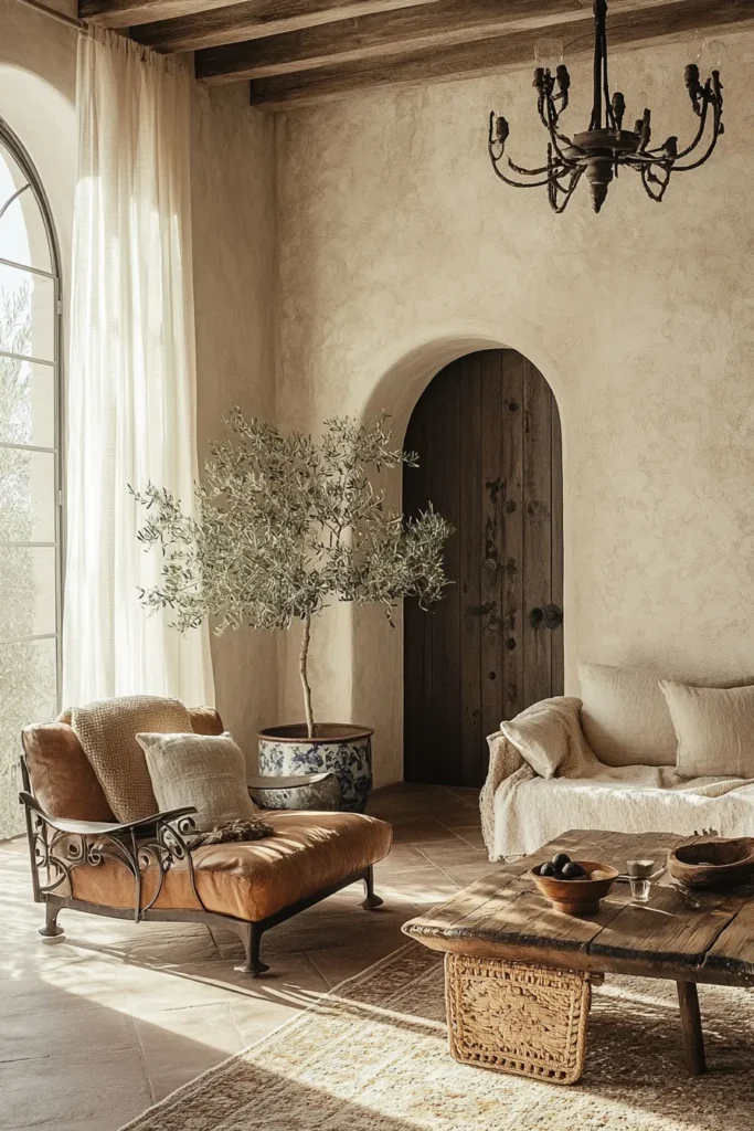 Elegant Spanish Mediterranean living room with leather armchair, fabric sofa, rustic coffee table, and wrought iron chandelier
