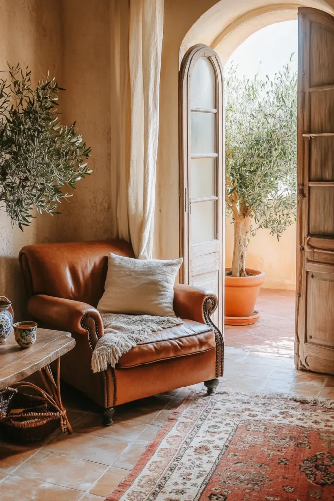 Warm and inviting Spanish Mediterranean room with textured walls, sheer curtains, and blend of rustic and elegant furniture
