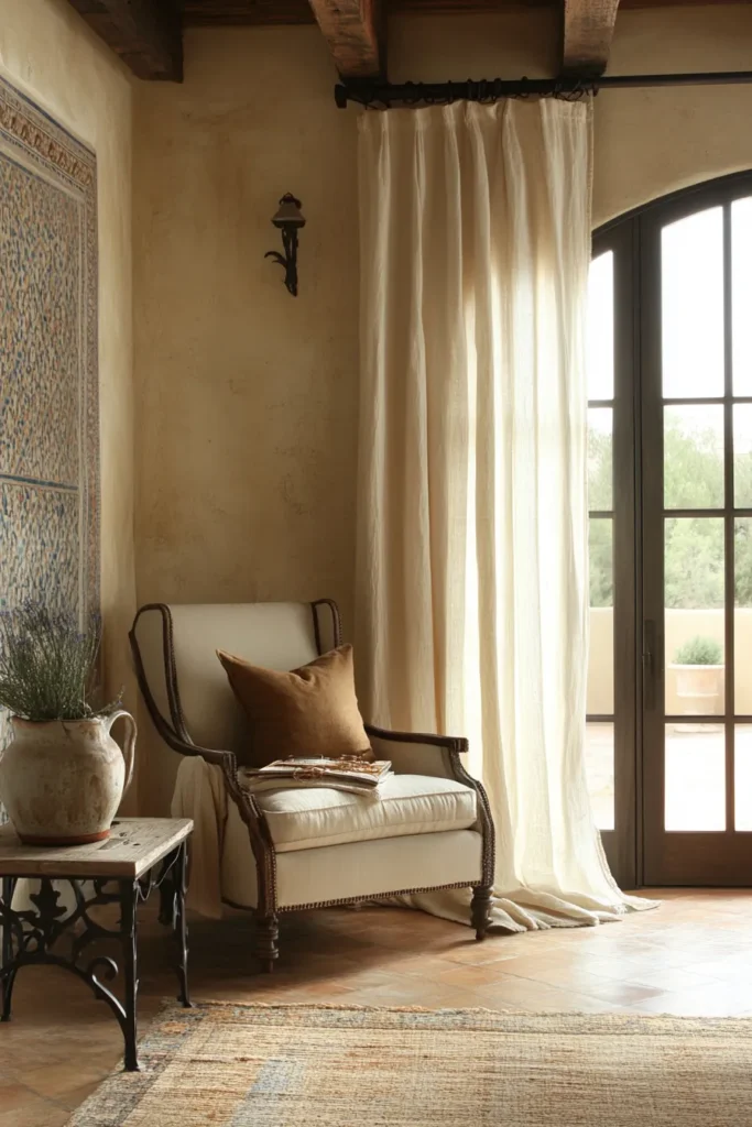 Modern Spanish-style living room with rustic elements, geometric tiles, and wrought iron details