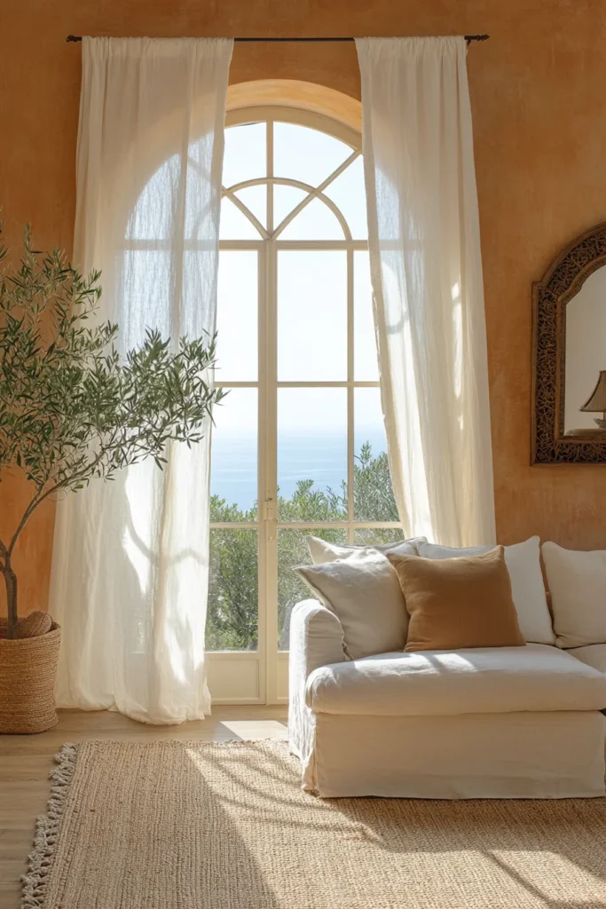 Luxurious Spanish-style home interior with ornate mirror, olive tree, and ocean vista through arched window