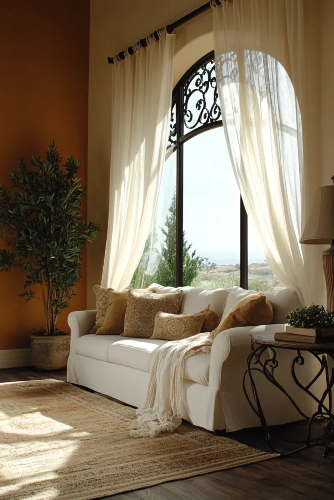 Sunlit Spanish Mediterranean interior with arched window, sheer curtains, ocean view, terracotta walls, and rustic wood floors