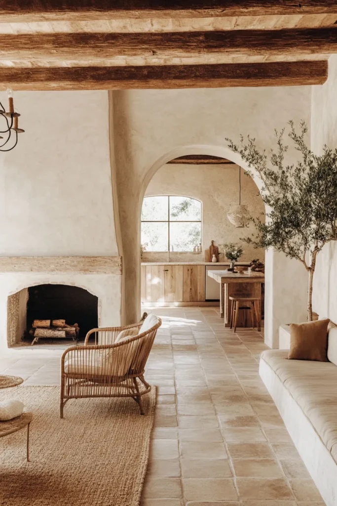 Mediterranean style home interior with natural materials, terracotta floors, wooden beams, and potted olive tree