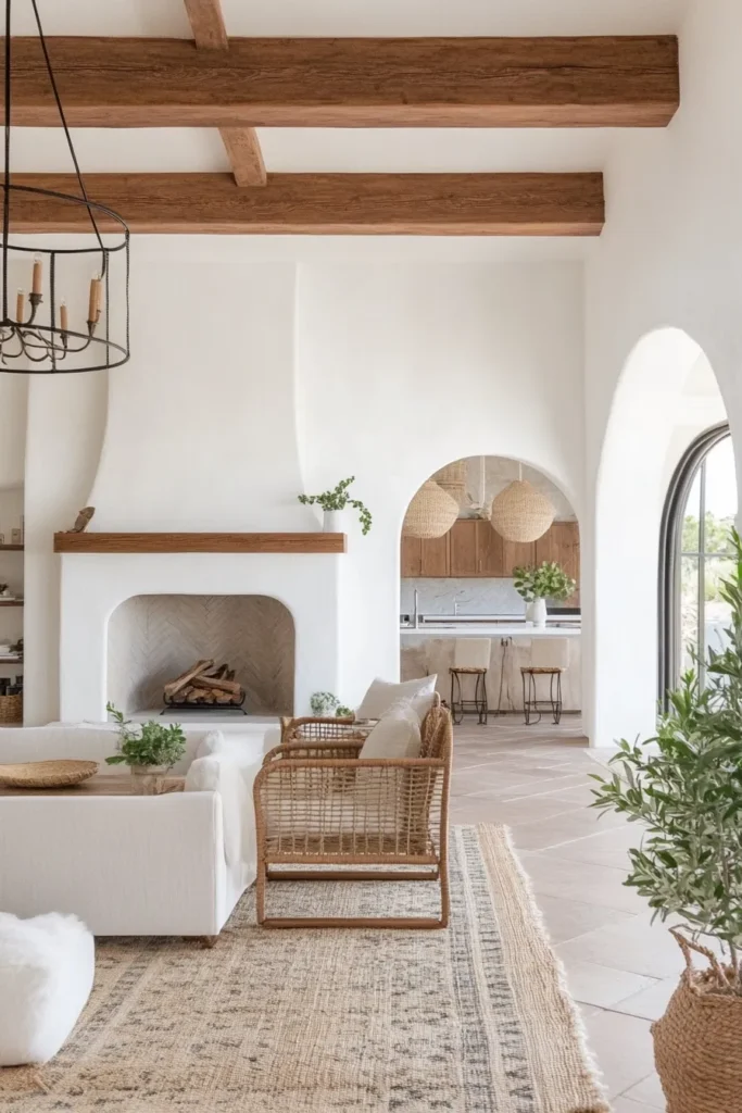 Modern Spanish Mediterranean interior with stucco walls, exposed beams, terracotta floors, wrought iron chandelier, and arched doorway