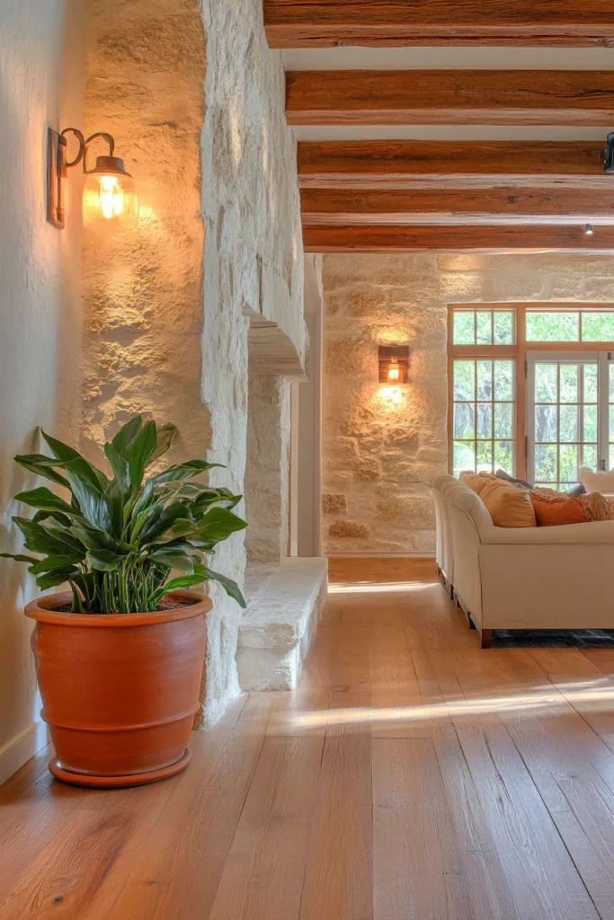 Modern Spanish style room featuring stone accent wall wooden ceiling and arched doorway