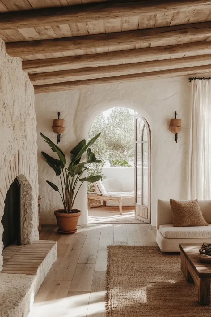 Sunlit modern Spanish Mediterranean living room with stone wall wooden beams and comfortable seating