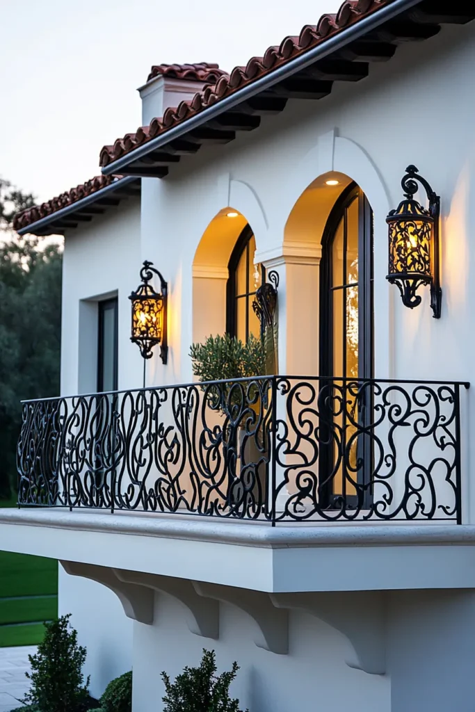 Modern Spanish Mediterranean style house with intricate iron railings stucco walls and terracotta roof tiles