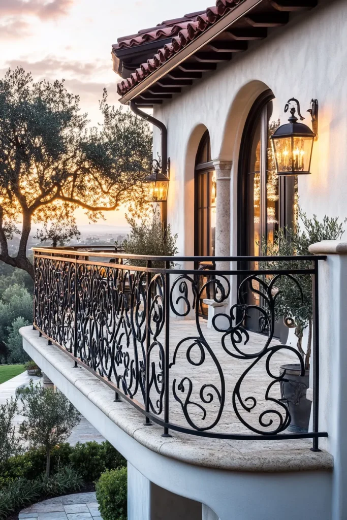 Contemporary Spanish Mediterranean home exterior with ornate wrought iron balcony potted olive tree terracotta roof