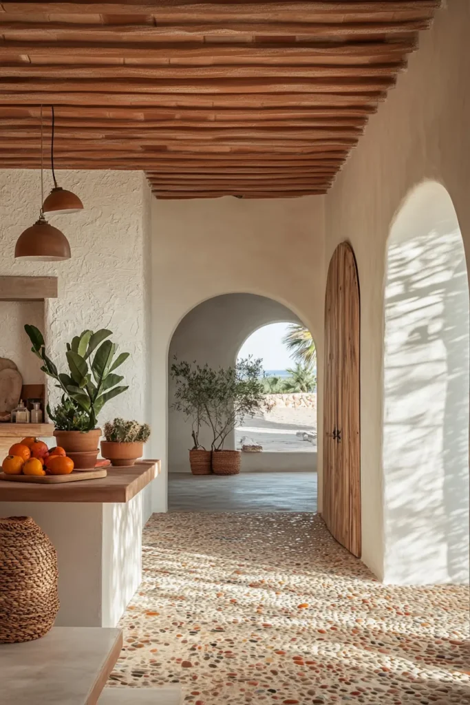 Rustic wooden beams and wrought iron details in a Spanish inspired Mediterranean home with artisanal accents