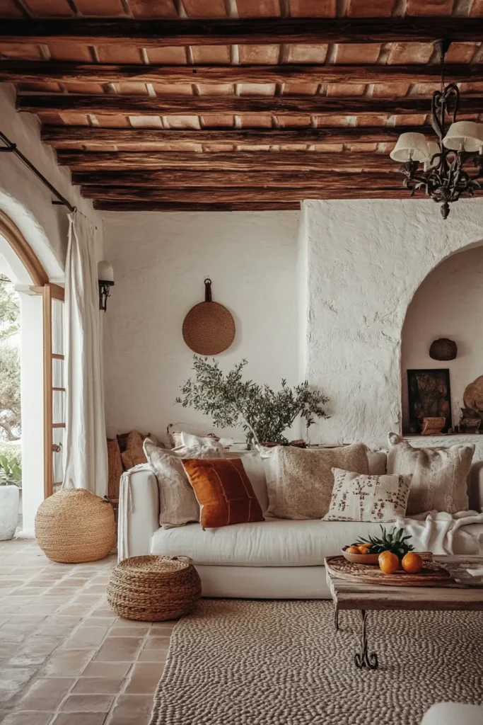 Terracotta ceiling cascade and pebble mosaic floor in a modern Spanish Mediterranean home with coastal views