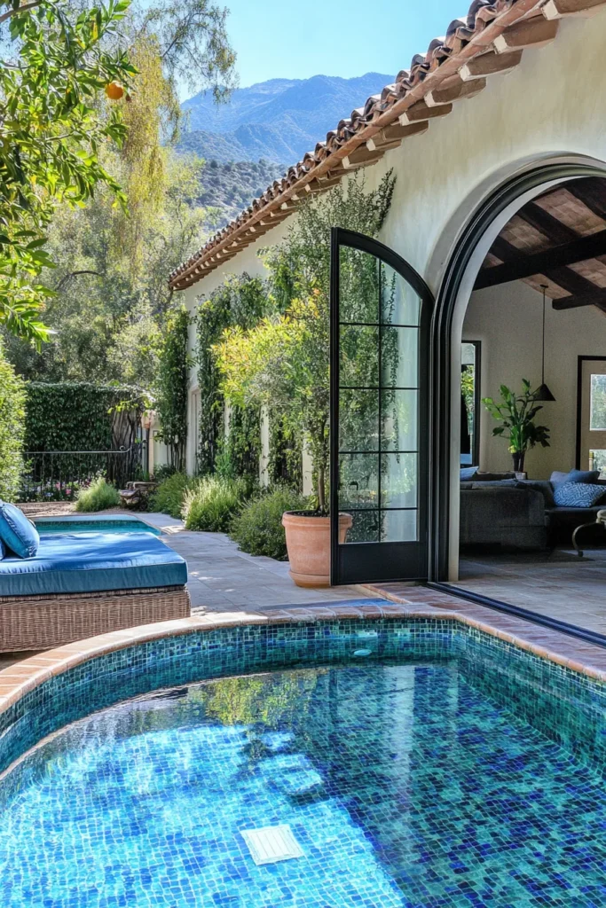 Elegant Spanish inspired home featuring expansive sliding glass walls, mosaic tiled pool, and cascading fountain in garden