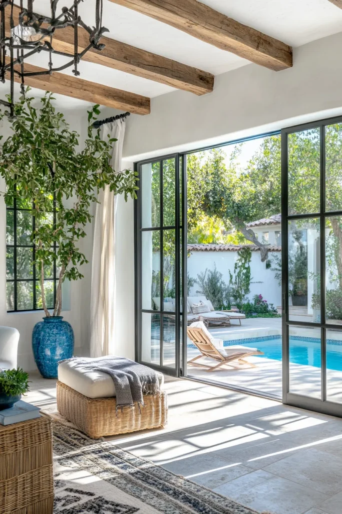 Elegant Mediterranean inspired space with sliding doors, rattan chair, and distant pool view