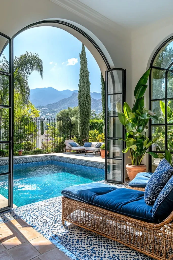Luxurious indoor outdoor living space with arched doorway, wrought iron accents, and azure pool in Mediterranean style