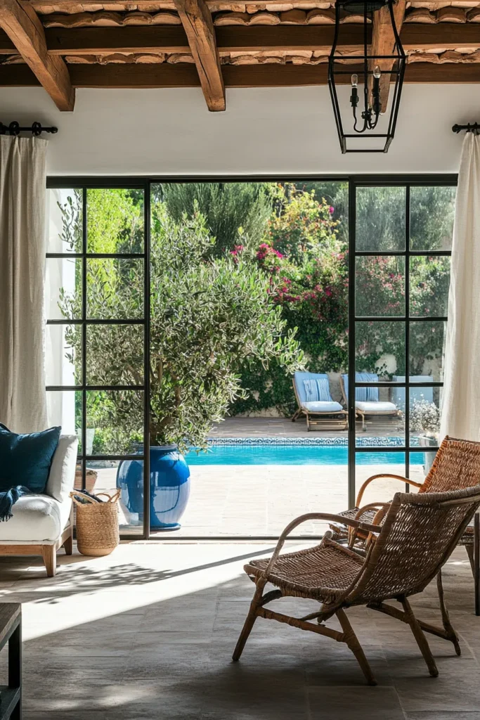 Spanish style home interior featuring terracotta floors, white walls, and garden facing glass wall