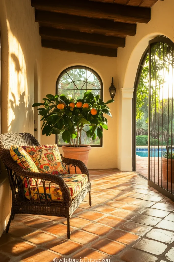 Elegant Mediterranean outdoor living space featuring white stucco walls wooden beams and potted citrus tree