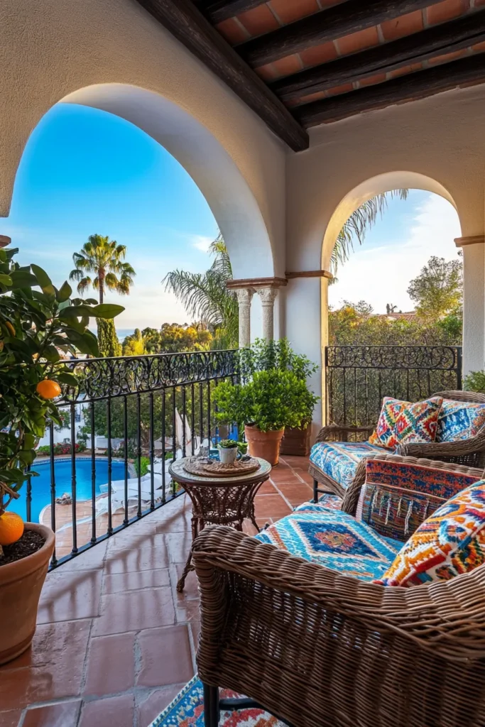 Modern Spanish style covered patio with sliding glass walls wrought iron details and wicker furniture