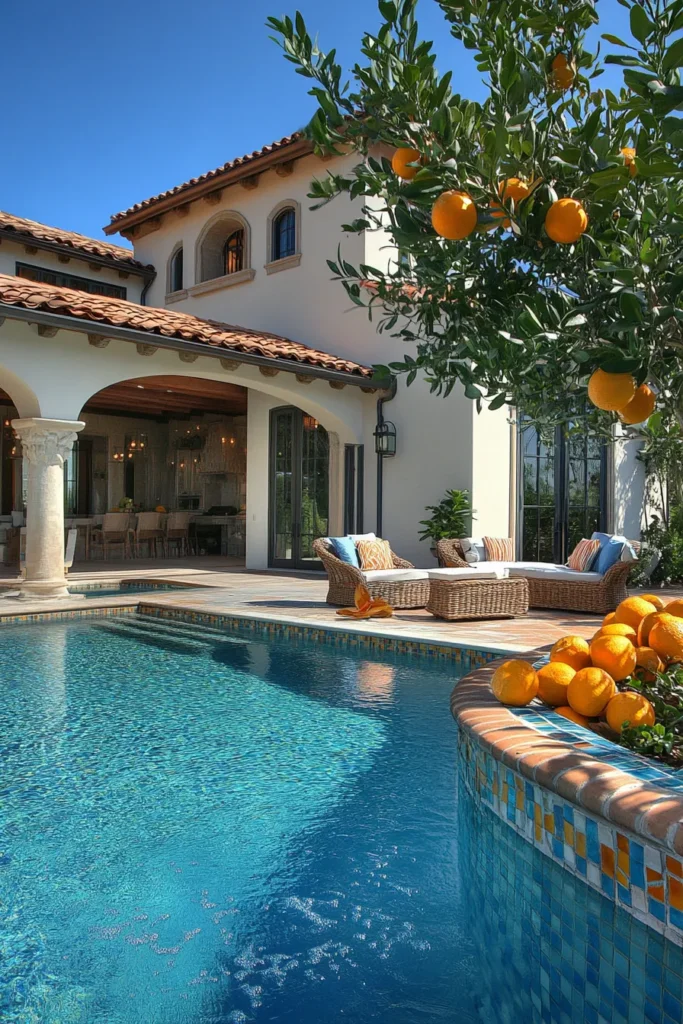 Coastal villa pool area with rattan lounges teak tables and seamless interior exterior transition
