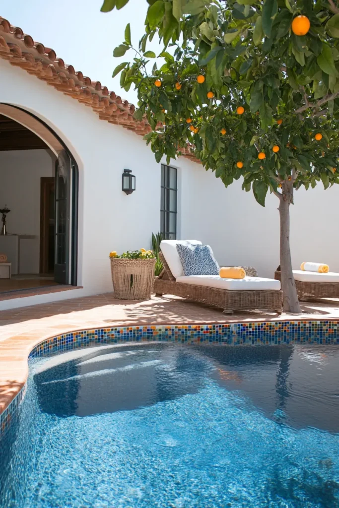 Modern Spanish Mediterranean pool with lagoon shape terracotta surround citrus trees and elegant loggia