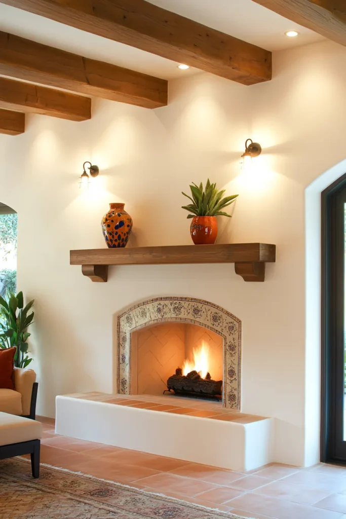 Contemporary Spanish Mediterranean living space with minimalist fireplace patterned rug and terrace access