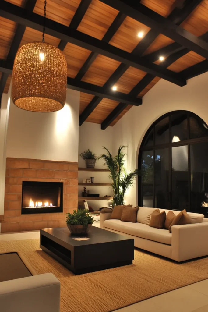 Sleek Mediterranean inspired interior neutral tones terracotta accents textured rug woven pendant light arched window