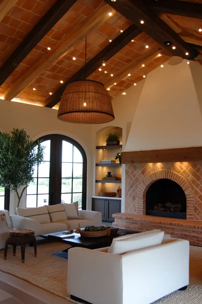 Contemporary hacienda style space geometric beam pattern minimalist furniture Mediterranean accents evening lighting olive tree