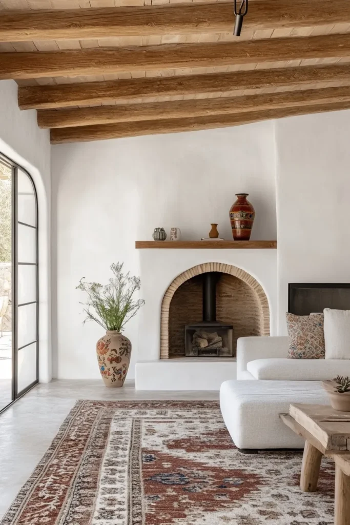 Modern Spanish Mediterranean interior with arched doorway exposed beams minimalist fireplace and glass doors