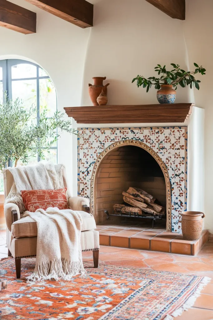 Modern Spanish Mediterranean living room with grand fireplace, arched window, and artisanal ceramic accents