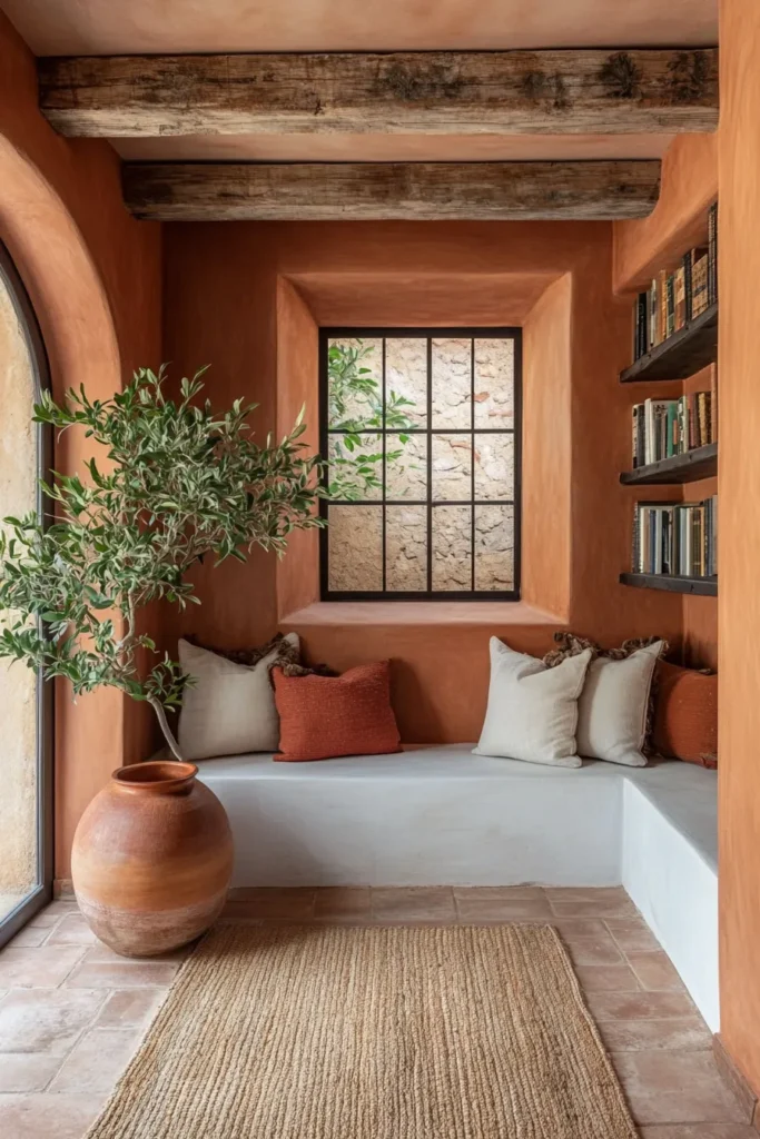 Modern Spanish Mediterranean hallway with arched alcove floating shelf ceramic vase plant built in seating terracotta walls