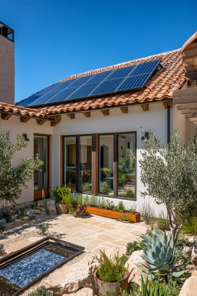 Eco friendly Mediterranean villa with rooftop garden adjustable shutters and xeriscaped rock garden