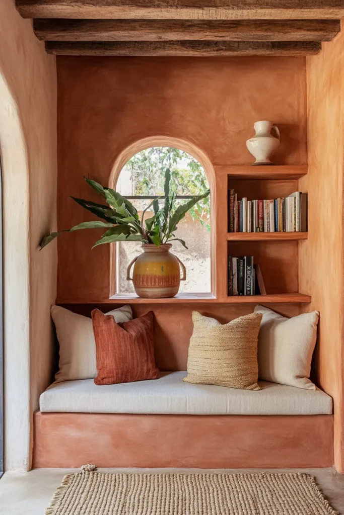 Updated Mediterranean interior arched niche floating shelf plant bookshelf reading nook terracotta walls natural light