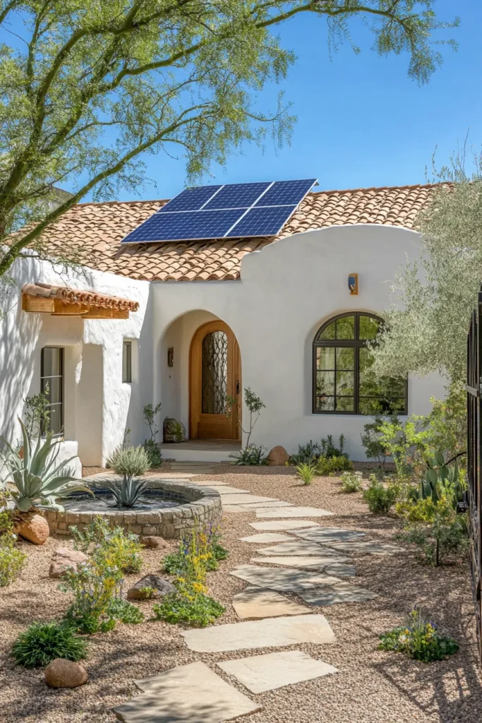 Eco friendly Mediterranean villa solar panels terracotta roof white walls courtyard fountain olive trees energy efficient glass doors