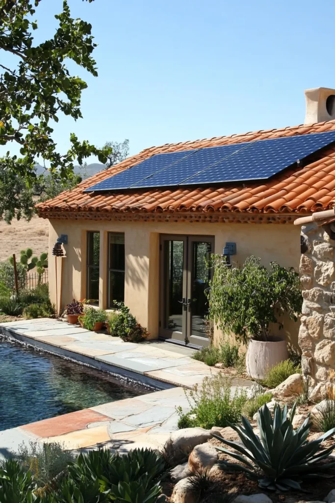 Modern Spanish Mediterranean home blending traditional elements with sustainable features and panoramic arid landscape views