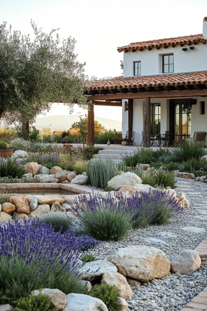 Modern Spanish Mediterranean home exterior with drought tolerant garden, solar panels, and smart irrigation system.