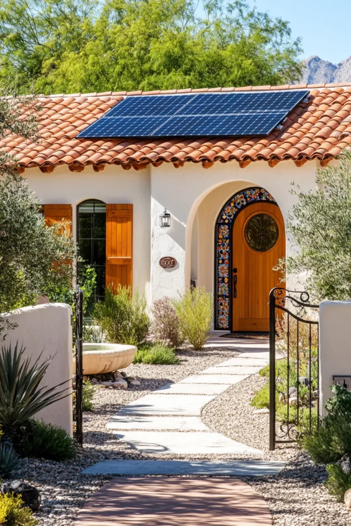 Modern Spanish Mediterranean villa with solar panels terracotta roof white walls arched windows courtyard fountain drought resistant garden
