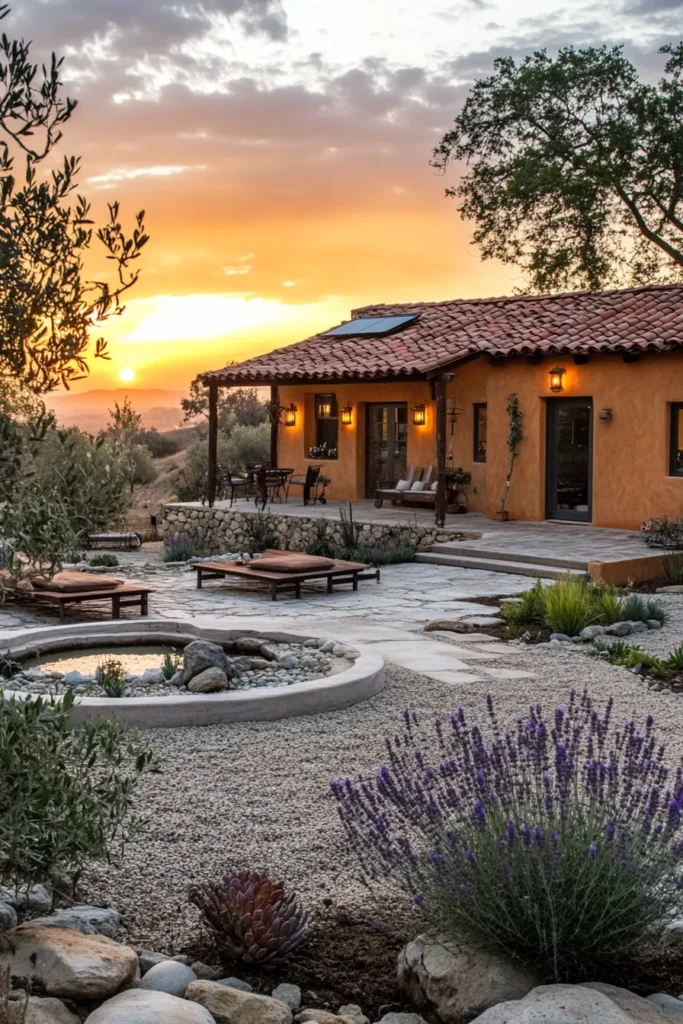 Water wise Mediterranean home with central courtyard, fountain, olive trees, and earth toned stucco facade.